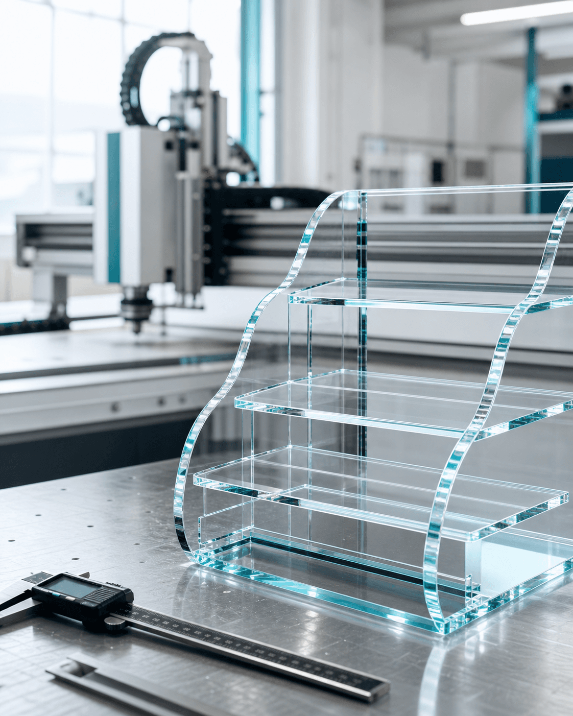 A finished clear acrylic retail display at a precision workshop station.