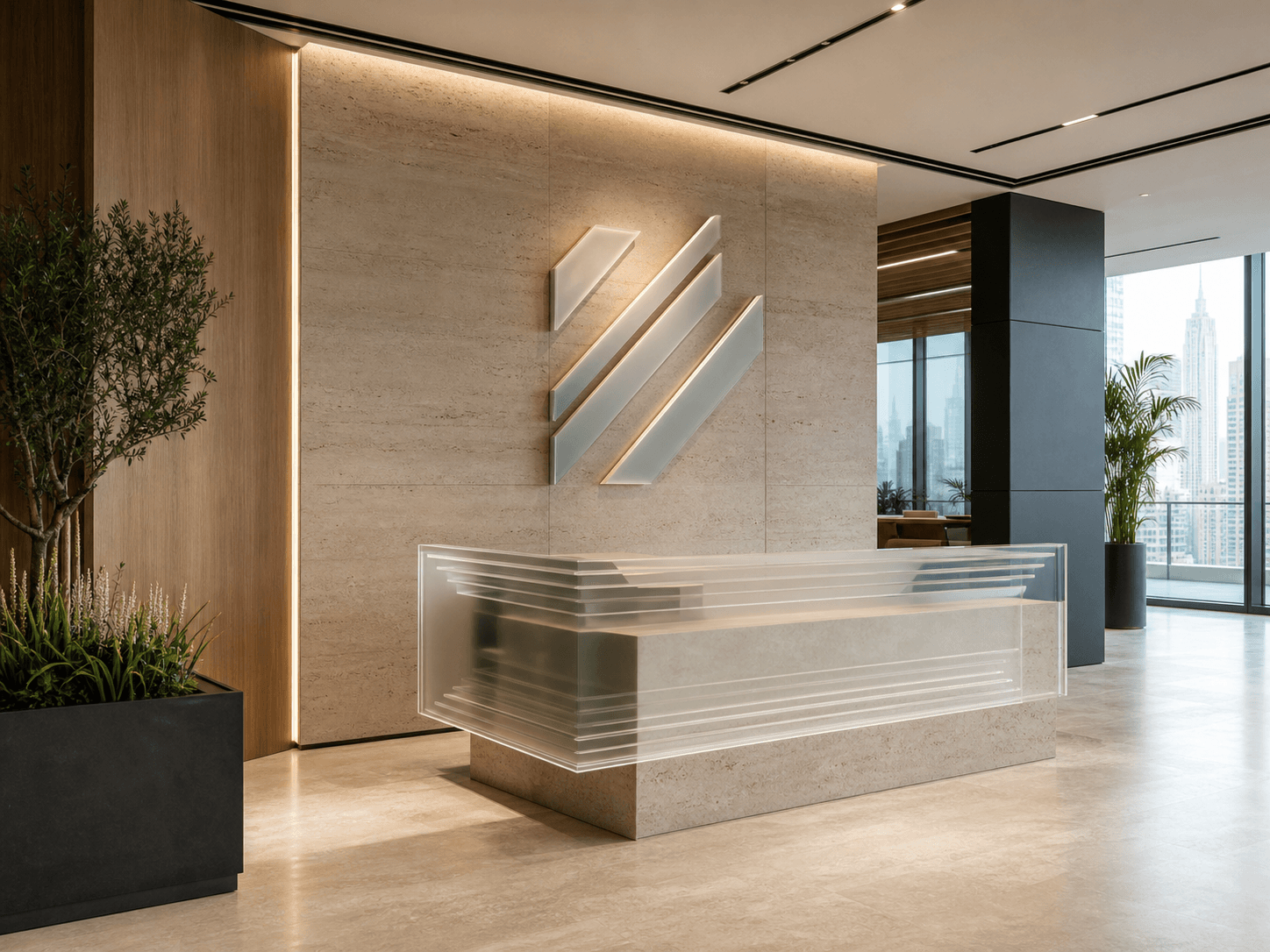 Layered acrylic and metal signage in a contemporary corporate reception.