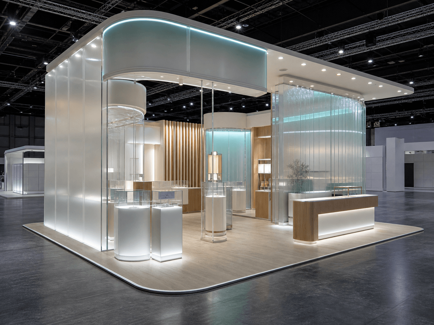 A modern exhibition stand with curved translucent acrylic features.