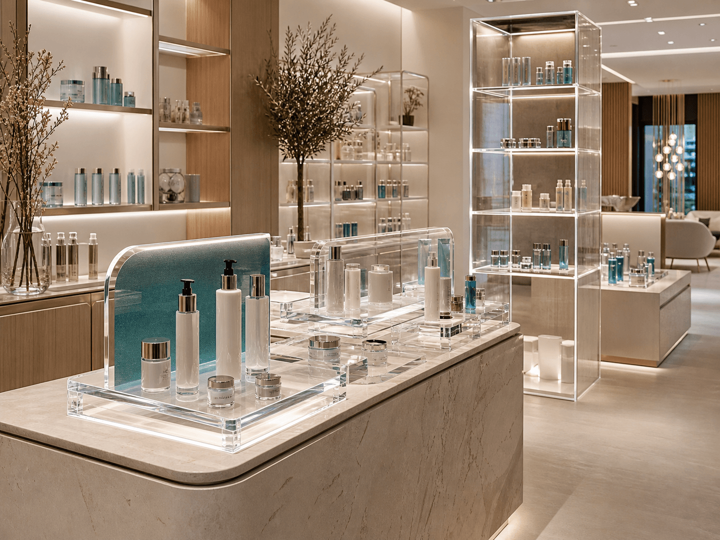 Clear acrylic product displays in a refined retail interior.